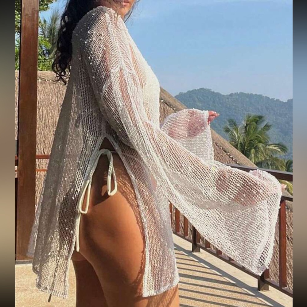 Swimsuit coverup white transparent beach long bell sleeve NWT